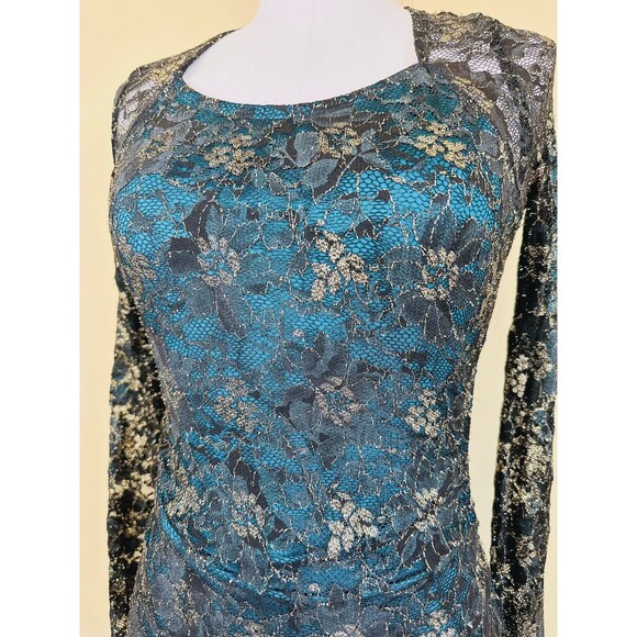 1990s Vintage Romper / 90s Teal Gold Black Lace Cut Out Back Playsuit / Medium - Picture 7 of 8